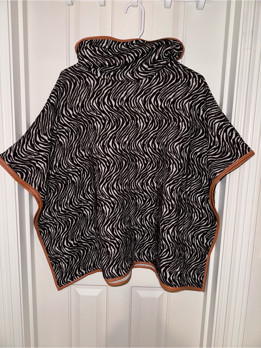 Women's Zebra-Print Hooded Poncho with Brown Trim